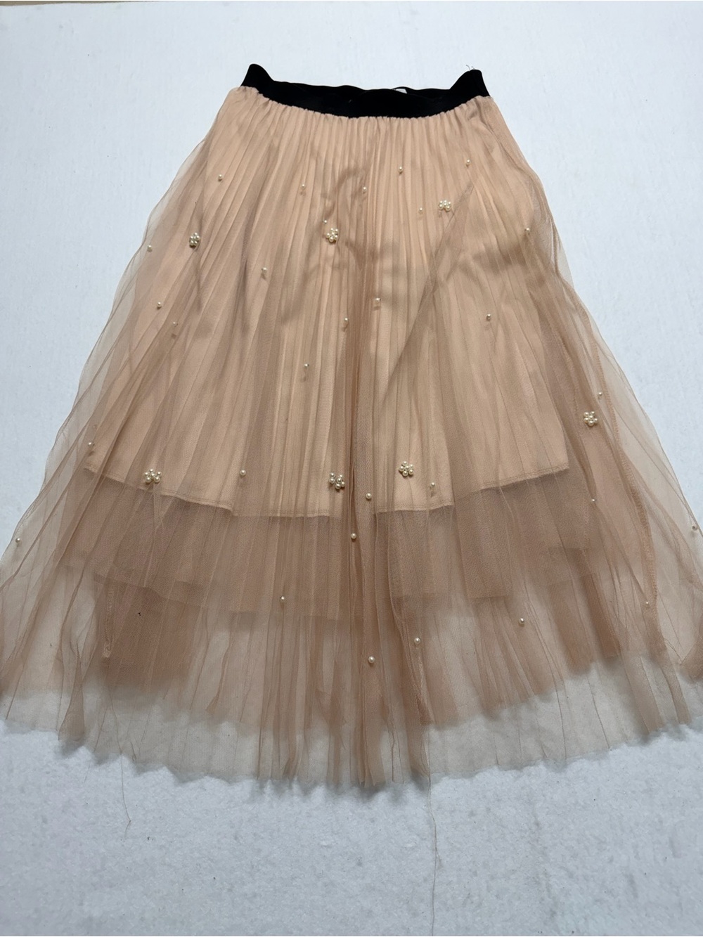 Sadie & Love Women’s Layered Tulle Midi Skirt in Nude with Pearl Accents M
